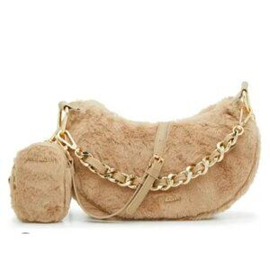 Steve Madden Faux Fur Shoulder Bag Crossbody Beige Plush Purse Gold Chain Strap